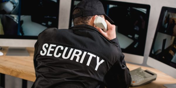 rear view of guard in uniform talking on telephone at workplace