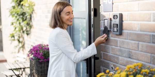 Woman attaches card to the electronic reader to access the apartment. Card entry, personal identification, keyless access, technologies in everyday life